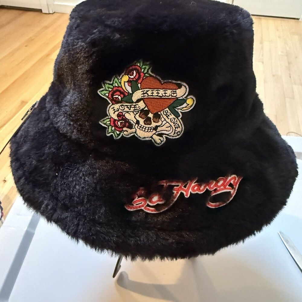 Ed Hardy Love Kills Slowly Tattoo Black Faux Fur Embroidered Logo Bucket Hat NWT